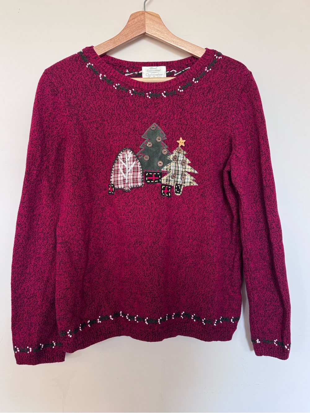 Christopher & Banks Women's Berry Red Embroidered Holiday Christmas Sweater
